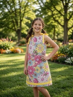 Hanna Andersson Floral Retro Pillowcase  Dress Ribbon Trim Yellow Pink Cotton